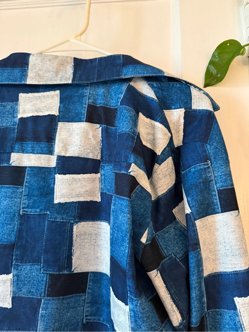 Blue and White Patchwork Button-Up Shirt - Picture 7 of 8